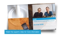 Collage (thumbnail) featuring a white liquid stirring, wood texture with a paintbrush, and two individuals speaking in a video. Text reads: BASF Acronal 6335, simplifies wood coating. A banner below says: Watch the expert's video for more information."