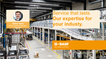 Industrial interior with BASF branding. Text reads: "Service that lasts. Our expertise for your industry." Image of Oliver Hartz, Senior Technical Manager in the left side.