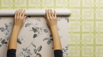 Woman wallpapering wall, close-up Woman wallpapering wall, close-up