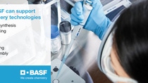 A scientist in blue gloves uses a pipette in a lab. Text highlights BASF's support for battery technologies, listing services like synthesis and testing. A scientist in blue gloves uses a pipette in a lab. Text highlights BASF's support for battery technologies, listing services like synthesis and testing.