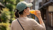 Woman drinking from a PET bottle containing orange juice and featuring a high-quality transparent label. This image was generated with AI. 