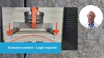 Concrete beam under pressure with arrows indicating stress points. Overlay text reads "Exclusive content – Login required." Portrait of a man in the top right.