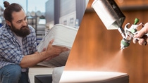 Two-part image: Left shows a bearded man examining a mattress in a store, expressing curiosity. Right shows a spray gun applying a coating, suggesting manufacturing.