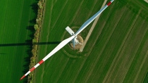 Aerial view of wind turbine with shadow on agricultural field. Aerial view of wind turbine with shadow on agricultural field.