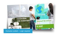 A product advertisement for BASF Acronal® BC 6410 X highlights bringing renewable materials. A couple paints a wall with a globe mural. A blue box on the left says: "exclusive content- login required". A product advertisement for BASF Acronal® BC 6410 X highlights bringing renewable materials. A couple paints a wall with a globe mural. A blue box on the left says: "exclusive content- login required".