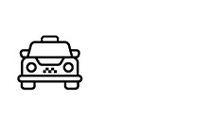Icon of a simple black and white taxi car from the front with a roof sign, two headlights, and a checkered pattern on the grille. Icon of a simple black and white taxi car from the front with a roof sign, two headlights, and a checkered pattern on the grille.