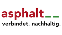 Logo with "asphalt" in bold red, followed by two green bars. Below, the phrase "verbindet. nachhaltig." in black. 