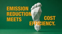 Low-poly white footprint on a green background with orange text: “Emission reduction meets cost efficiency. Low-poly white footprint on a green background with orange text: “Emission reduction meets cost efficiency.
