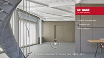 Modern office space with a spiral staircase, perforated ceiling, and minimalistic design. A BASF logo and menu are overlaid. Screenshot of the startpage of STEP2 virtual tour. Modern office space with a spiral staircase, perforated ceiling, and minimalistic design. A BASF logo and menu are overlaid. Screenshot of the startpage of STEP2 virtual tour.