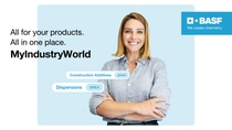 It shows a woman with crossed arms wearing a light blue button-up shirt. The woman is smiling. On the left side of the image, there is text that says: "All for your products. All in one place. MyIndustryWorld" with "MyIndustryWorld" emphasized in bold.
Below this text, there are two labeled tags: "Construction Additives" marked as "global""Dispersions" marked as "EMEA". In the top right corner, on a blue background, you can see the BASF logo along with the slogan "We create chemistry." The overall background color of the image is light blue.