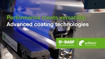 Preview image for the video featuring coating equipment applying acResin©  on PET film,  with text overlay: "Performance meets versatility: Advanced coating technologies".