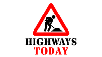 A red triangular roadwork sign showing a person digging with “Highways Today” text below in bold black and red letters, illustrating a construction theme.