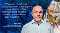 The picture shows a man wearing a light blue button-up shirt, positioned on the right side of the image. In the background there is a pilot coating center. On the left side, there is a blue overlay with a white text quote that reads: "Thanks to continuous cooperation with BASF experts, we are able to achieve ambitious goals in terms of quality optimization and cost reduction."
Below the quote, the name and title are displayed: Mauro Ratto, Quality and R&D Manager Cartiere del Garda – Lecta Group. The picture shows a man wearing a light blue button-up shirt, positioned on the right side of the image. In the background there is a pilot coating center. On the left side, there is a blue overlay with a white text quote that reads: "Thanks to continuous cooperation with BASF experts, we are able to achieve ambitious goals in terms of quality optimization and cost reduction."
Below the quote, the name and title are displayed: Mauro Ratto, Quality and R&D Manager Cartiere del Garda – Lecta Group.