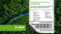 Aerial view of a dense forest and river. The text on the right highlights BASF's sustainable adhesives, with features on performance and recycling. Green and eco-friendly theme. The heading of the text is: "A milestone on the road to sustainability". The BASF logo is located on the left side of the picture at the bottom. Aerial view of a dense forest and river. The text on the right highlights BASF's sustainable adhesives, with features on performance and recycling. Green and eco-friendly theme. The heading of the text is: "A milestone on the road to sustainability". The BASF logo is located on the left side of the picture at the bottom.