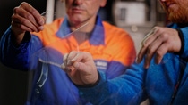 BASF employees holding a coating sample showcasing the high transparency of the film as required by the no-label-look.