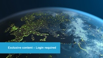 A view of Earth from space, focusing on Europe with glowing city lights at night. A blue overlay reads "Exclusive content – Login required," conveying restricted access.