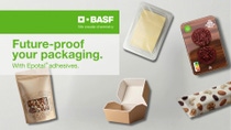 Various laminated packaging for food with the video title below a green BASF logo stripe: "Future-proof your packaging. With Epotal adhesives"  