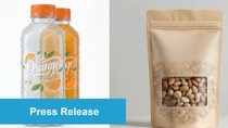 Press release visual featuring orange juice bottles and a resealable pouch of mixed nuts on a clean background Press release visual featuring orange juice bottles and a resealable pouch of mixed nuts on a clean background