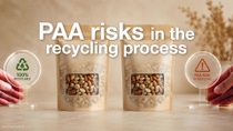 Recyclable nut packaging pouches with transparent window highlighting PAA recycling risk and sustainable food packaging.