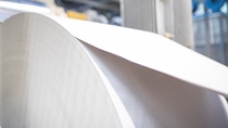 A large, white paper roll in a factory setting, with machinery and blurred industrial background. A large, white paper roll in a factory setting, with machinery and blurred industrial background.