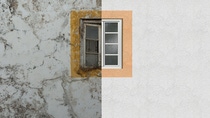 A split-image shows contrasting windows: the left side features a dilapidated, rustic window with a weathered wall, while the right side has a modern, clean window with a fresh white wall. A split-image shows contrasting windows: the left side features a dilapidated, rustic window with a weathered wall, while the right side has a modern, clean window with a fresh white wall.