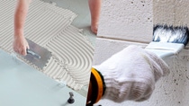 A split image shows tiling and painting work. On the left, a person uses a trowel to spread adhesive for tiles (ceramic tile adhesive (D1). On the right, a gloved hand paints a wall with primer products.