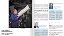 The two-page spread titled "Omya and BASF continue partnership" highlights their collaboration in coating technology. The left page shows a worker in a blue uniform checking a large paper roll at BASF’s Pilot Coating Center. The text explains their joint use of the center to support innovation in paper and board coatings. The right page features an interview with three experts discussing the strategic benefits of their partnership, the advantages of pilot testing, and future goals. A small table summarizes one expert’s background related to the pilot center.