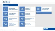 Table of contents slide with a gray background and blue accents. Lists topics such as microbiological requirements and biocide use provisions." Table of contents slide with a gray background and blue accents. Lists topics such as microbiological requirements and biocide use provisions."