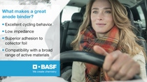 Woman driving a car, wearing a plaid scarf, with a focused expression. Overlay text lists qualities of a great anode binder by BASF. Woman driving a car, wearing a plaid scarf, with a focused expression. Overlay text lists qualities of a great anode binder by BASF.