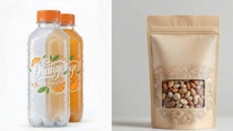 The image shows two different types of packaging that can be fully recyclable with te right adhesives: PET bottles with transparent filmic labels and a flexible stand-up pouch for dry snacks made of laminated mono-material layers. 