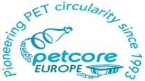 Alt text: "Blue logo on black background featuring a swirling arrow, bottle, and container, with text 'Pioneering PET circularity since 1993, petcore Europe."