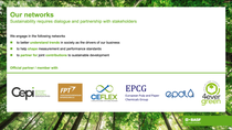 The picture is a presentation slide titled "Our networks" with the subtitle "Sustainability requires dialogue and partnership with stakeholders." It explains BASF’s active engagement in various networks to better understand societal trends, help shape measurement and performance standards, and collaborate on joint contributions toward sustainable development.
Below this explanation, there is a section labeled "Official partner / member with" that displays the logos of six organizations BASF is involved with:Cepi (Renewable Recycled Responsible European Paper), FPT (Forschungsvereinigung Papiertechnik e.V.), CEFLEX (A Circular Economy for Flexible Packaging), EPCG (European Pulp and Paper Chemicals Group), epda, 4evergreen (Circular Fibre Forward). In the bottom right corner, the BASF logo appears alongside the tagline "We create chemistry." The background of the slide shows a green forest canopy with sunlight filtering through the leaves, visually reinforcing the theme of sustainability and nature. The picture is a presentation slide titled "Our networks" with the subtitle "Sustainability requires dialogue and partnership with stakeholders." It explains BASF’s active engagement in various networks to better understand societal trends, help shape measurement and performance standards, and collaborate on joint contributions toward sustainable development.
Below this explanation, there is a section labeled "Official partner / member with" that displays the logos of six organizations BASF is involved with:Cepi (Renewable Recycled Responsible European Paper), FPT (Forschungsvereinigung Papiertechnik e.V.), CEFLEX (A Circular Economy for Flexible Packaging), EPCG (European Pulp and Paper Chemicals Group), epda, 4evergreen (Circular Fibre Forward). In the bottom right corner, the BASF logo appears alongside the tagline "We create chemistry." The background of the slide shows a green forest canopy with sunlight filtering through the leaves, visually reinforcing the theme of sustainability and nature.
