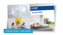 Split image advertising BASF's Acronal 6592 product. Top left shows a liquid splash, bottom left features a family painting a yellow wall, and right displays a modern bedroom with large windows overlooking greenery. Text reads: 'Making the front-runner even better.' A note at the bottom states 'Exclusive content – Login required´. Split image advertising BASF's Acronal 6592 product. Top left shows a liquid splash, bottom left features a family painting a yellow wall, and right displays a modern bedroom with large windows overlooking greenery. Text reads: 'Making the front-runner even better.' A note at the bottom states 'Exclusive content – Login required´.