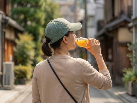 Person walking through a sunny, narrow street lined with plants and buildings while drinking from an orange beverage bottle.