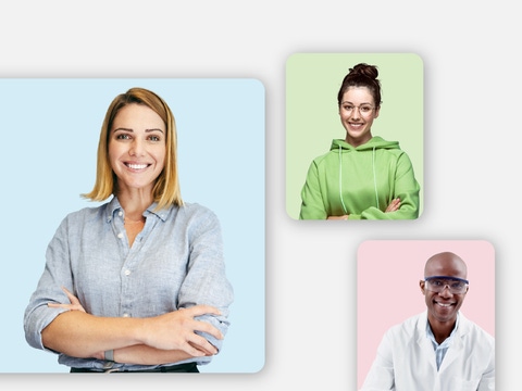 A collage of diverse smiling professionals against colorful backgrounds. Center: woman in blue. Surroundings: mature man, young woman, and older man.