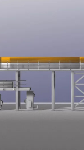A side view of an industrial conveyor system with bright orange components. It features multiple levels, staircases, and machinery, conveying a sense of efficiency and modern technology with an grey background.