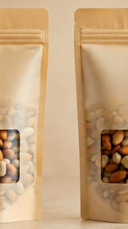 Recyclable nut packaging pouches with transparent window highlighting PAA recycling risk and sustainable food packaging. Recyclable nut packaging pouches with transparent window highlighting PAA recycling risk and sustainable food packaging.