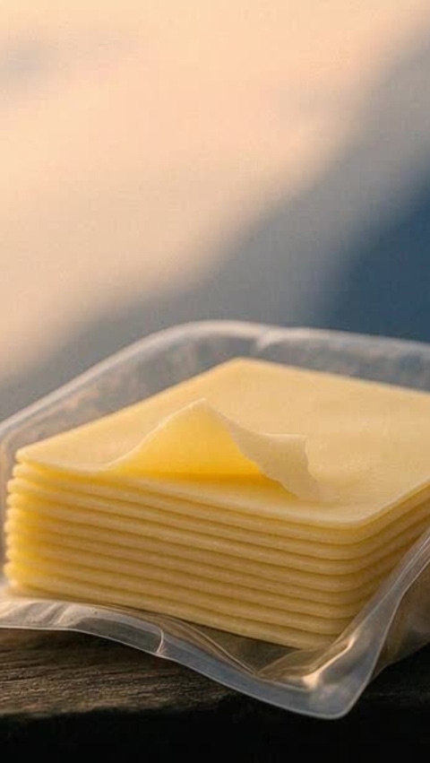 Cheese in plastic packaging tray on a wooden table with white bread and a glass of wine, set against a scenic mountain view in soft evening light.