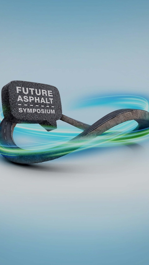 Infinity loop symbol with glowing blue and green trails, set against a gradient blue background. Speech bubble reads "Future Asphalt Symposium."