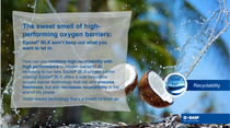 A split coconut splashes water, showcasing BASF's Epotal® BLX, a recyclable, high-performing oxygen barrier.