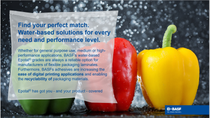 Three bell peppers in green, red, and yellow are covered in water droplets. A transparent text overlay promotes BASF's water-based solutions. BASF logo in the bottom right corner.