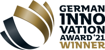 A gold and dark blue abstract swirl design is on the left. To the right, text reads "German Innovation Award '21 Winner" in dark blue and gold. A gold and dark blue abstract swirl design is on the left. To the right, text reads "German Innovation Award '21 Winner" in dark blue and gold.