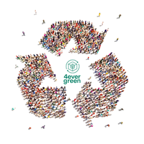 A large group of people form a recycling symbol on a white background. At the center, a green logo and text read "4ever green. A large group of people form a recycling symbol on a white background. At the center, a green logo and text read "4ever green.