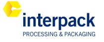 Interpack logo with yellow geometric icon and text ‘Interpack – Processing & Packaging’ on a blue background.