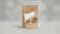 Empty retort packaging pouch for pet food showing featuring the image of a cat. 