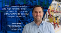 A man smiling in a light blue shirt. In the background, there is a pilot coating center. On the left there is a quote with a blue background that says:"With deep knowledge and high flexibilitx, BASF supports its costumers in their efforts to develop complex products." The man in the picture is Dominik Hoferer. He is the head of specialty paper/ process development at Koehler Innovation & Technology GmbH. A man smiling in a light blue shirt. In the background, there is a pilot coating center. On the left there is a quote with a blue background that says:"With deep knowledge and high flexibilitx, BASF supports its costumers in their efforts to develop complex products." The man in the picture is Dominik Hoferer. He is the head of specialty paper/ process development at Koehler Innovation & Technology GmbH.