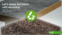 A composite image showing a table made from recycled materials with a green recycling symbol. Text reads "Let's shape the future with upcycling. BASF´s fiber bonding technologx enabling circularity." A composite image showing a table made from recycled materials with a green recycling symbol. Text reads "Let's shape the future with upcycling. BASF´s fiber bonding technologx enabling circularity."
