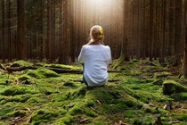 A woman with a flower in her hair sits peacefully on lush green moss, surrounded by tall trees, with sunlight streaming through the forest canopy.