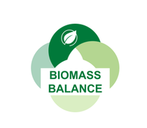 Triple green circles with a leaf symbol at the top encircle the words "Biomass Balance" in bold green text. The image conveys an eco-friendly theme.
