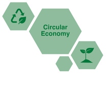 Hexagonal design with the text "Circular Economy" centered. Green recycling and plant icons in adjacent hexagons, implying sustainability and growth. Hexagonal design with the text "Circular Economy" centered. Green recycling and plant icons in adjacent hexagons, implying sustainability and growth.
